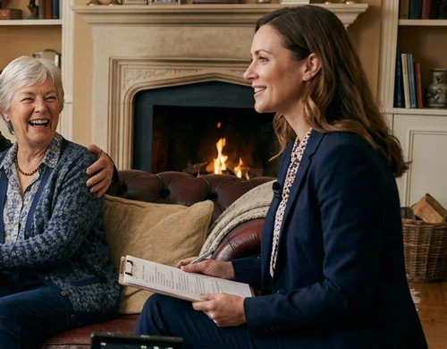 Réalisateur Moo-vida menant une interview bienveillante avec une personne senior